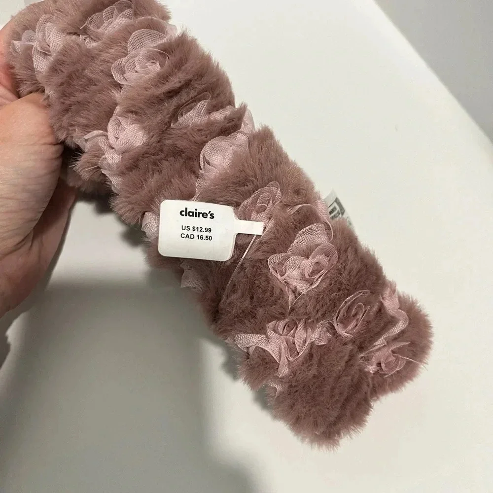 Claire’s Dusty Rose Furry Makeup Bow Headwrap NWT